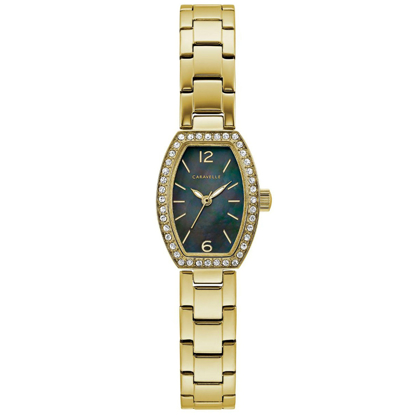 Caravelle Women's Crystal Accent Gold Tone Watch with Black Mother of Pearl Dial