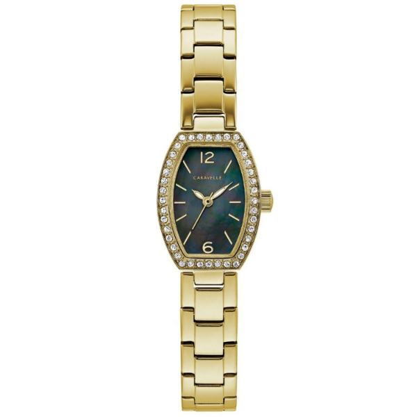 Caravelle Women's Crystal Accent Gold Tone Watch with Black Mother of Pearl Dial