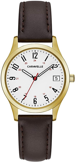 Caravelle Women's Stainless Steel Quartz Watch with Brown Leather Calfskin Strap