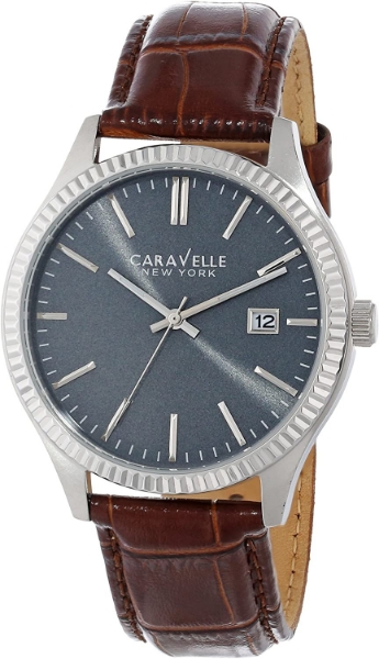 Caravelle Men's Brown Leather Strap Watch with Grey Dial