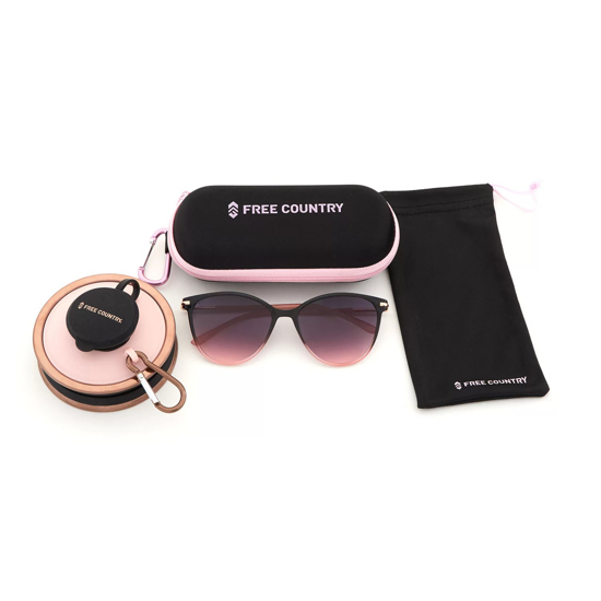 Free Country Women's Black Fashion Sunglass with Case, Drawstring Bag and Collapsible Water Bottle