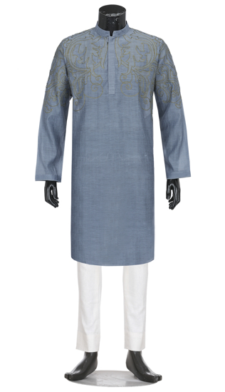 Picture of Blue-Grey Embroidered Mixed Muslin Panjabi