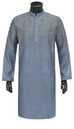 Picture of Blue-Grey Embroidered Mixed Muslin Panjabi