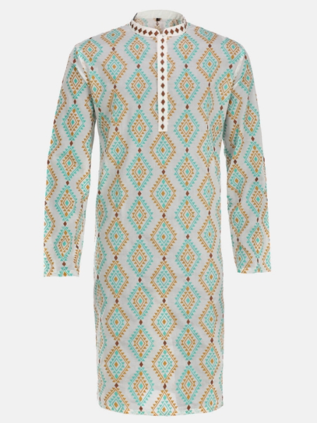 Picture of Ivory Printed and Embroidered Addi Cotton Panjabi