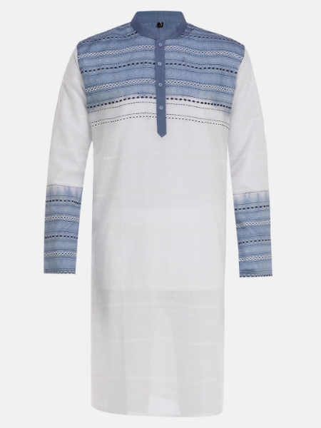 Picture of White Dyed Printed and Embroidered Addi Cotton Panjabi