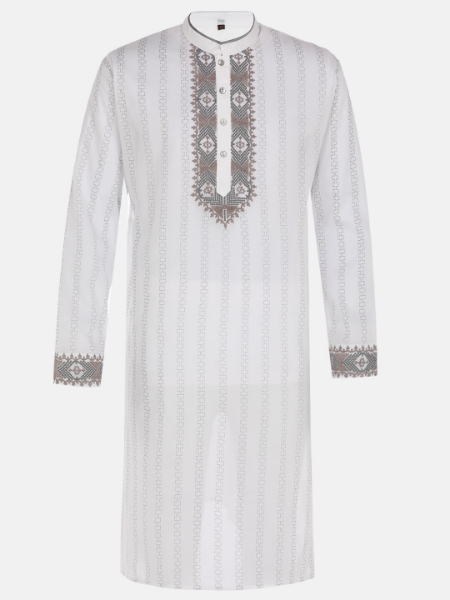 Picture of White Printed and Embroidered Addi Cotton Panjabi