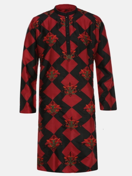 Picture of Red Printed and Embroidered Silk Panjabi