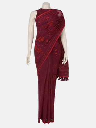 Maroon Embroidered Muslin Saree