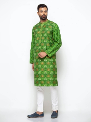 Picture of Olive Green Printed and Embroidered Joysree Silk Panjabi