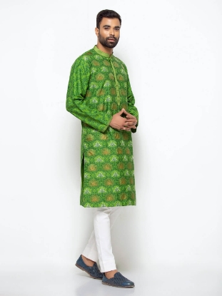 Picture of Olive Green Printed and Embroidered Joysree Silk Panjabi