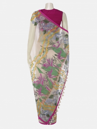 Picture of Beige Embroidered Muslin Saree