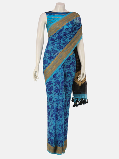 Picture of Blue Printed and Appliqued Muslin Saree