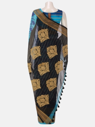 Picture of Blue Printed and Appliqued Muslin Saree