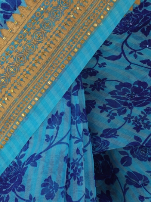 Picture of Blue Printed and Appliqued Muslin Saree