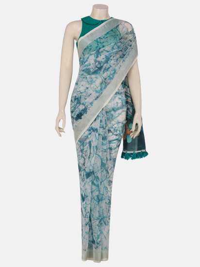 Picture of Ivory Printed and Embroidered Muslin Kota Saree
