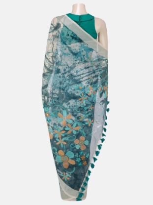 Picture of Ivory Printed and Embroidered Muslin Kota Saree