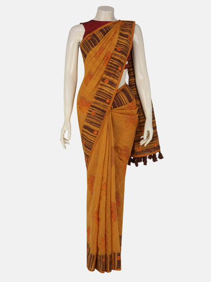 Picture of Mustard Printed and Embroidered Muslin Saree