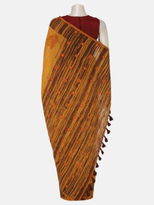 Picture of Mustard Printed and Embroidered Muslin Saree