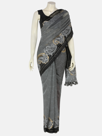 Picture of Grey Tie-Dyed and Printed Muslin Saree