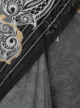 Picture of Grey Tie-Dyed and Printed Muslin Saree