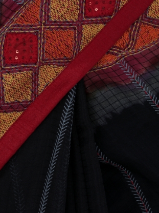 Picture of Black Appliqued and Embroidered Muslin Saree