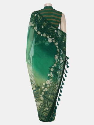 Picture of Green Ombre Dyed and Embroidered Muslin Saree