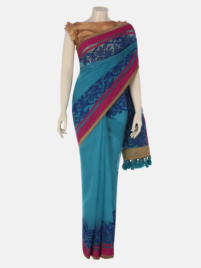 Picture of Ocean Blue Appliqued and Embroidered Muslin Cota Saree
