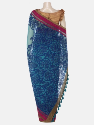 Picture of Ocean Blue Appliqued and Embroidered Muslin Cota Saree