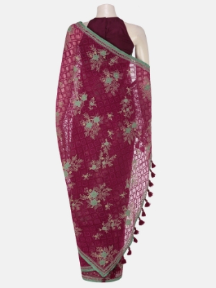 Picture of Maroon Printed and Embroidered Muslin Saree