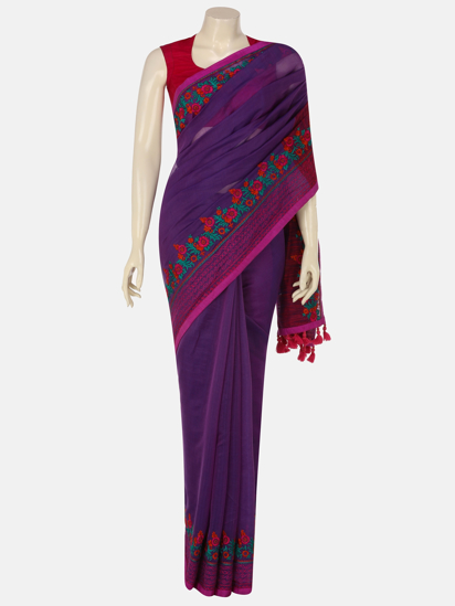 Picture of Purple Printed and Embroidered Muslin Saree