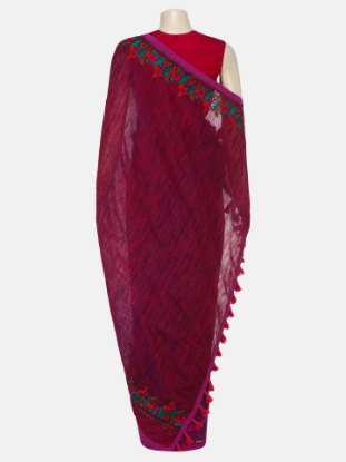 Picture of Purple Printed and Embroidered Muslin Saree