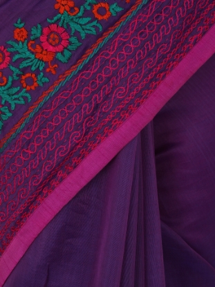 Picture of Purple Printed and Embroidered Muslin Saree