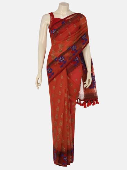 Picture of Orange Printed and Appliqued Muslin Saree