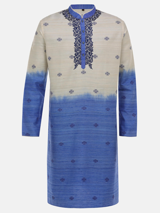 Picture of Ecru endi silk panjabi with blue grey embroidery.