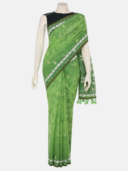 Picture of Light Green Printed and Embroidered Muslin Cota Saree