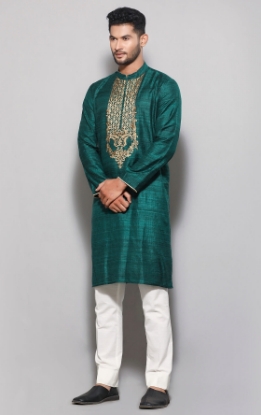 Picture of Bottle Green Embroidered Endi Silk Panjabi