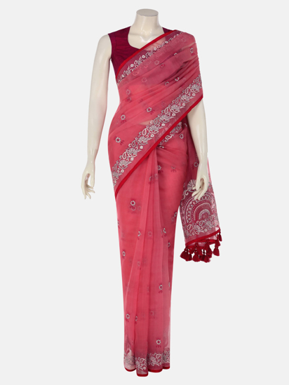 Picture of Pink Printed and Embroidered Muslin Saree