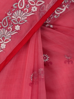 Picture of Pink Printed and Embroidered Muslin Saree