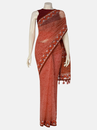 Picture of Coral Printed and Embroidered Muslin Saree