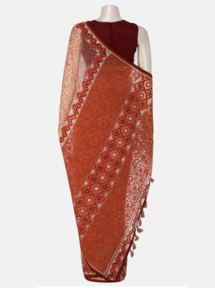 Picture of Coral Printed and Embroidered Muslin Saree
