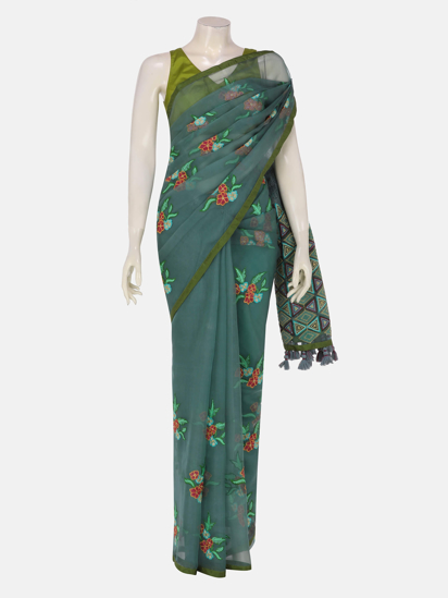 Picture of Sage Green Embroidered and Appliqued Muslin Saree
