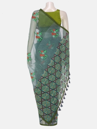 Picture of Sage Green Embroidered and Appliqued Muslin Saree