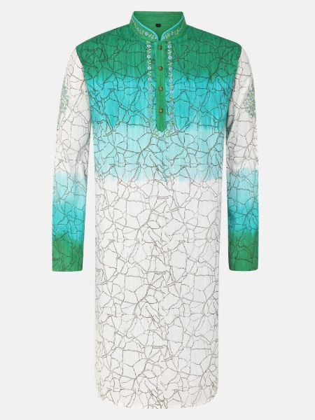 Picture of Green Printed Embroidered and Ombre Dyed Viscose-Cotton Panjabi