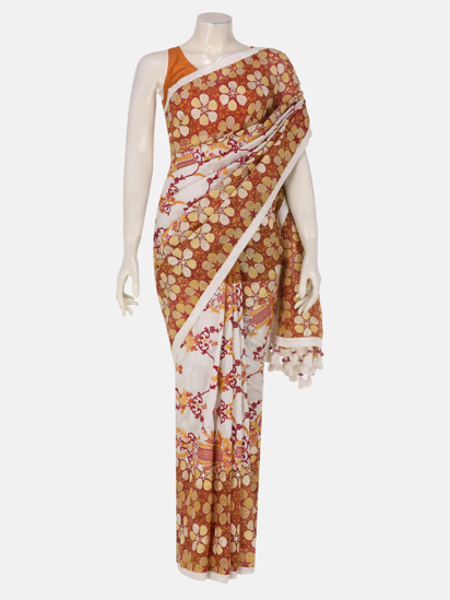 Picture of White Printed and Embroidered Muslin and Silk Saree