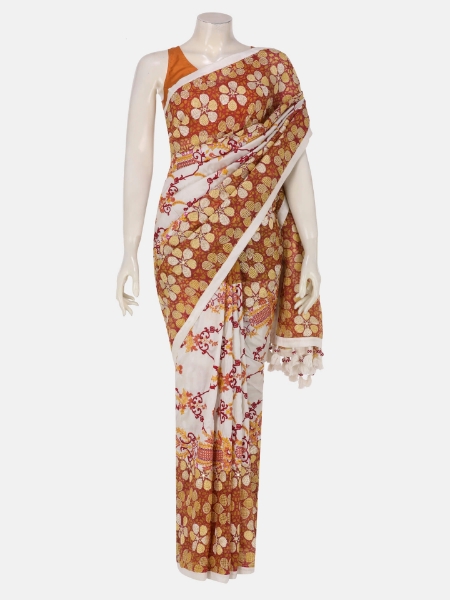 Picture of White Printed and Embroidered Muslin and Silk Saree