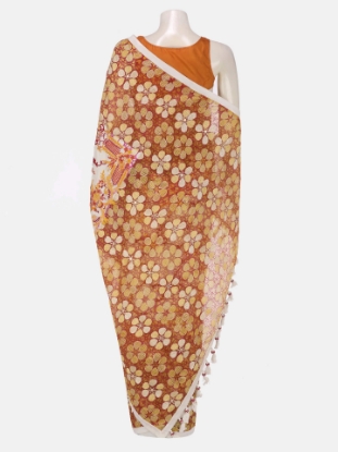 Picture of White Printed and Embroidered Muslin and Silk Saree