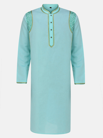 Picture of Light Turquoise Embroidered Mixed Cotton Panjabi