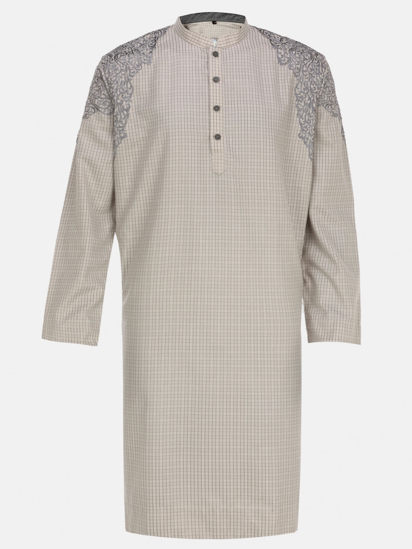 Picture of Ivory Check and Embroidered Cotton Panjabi
