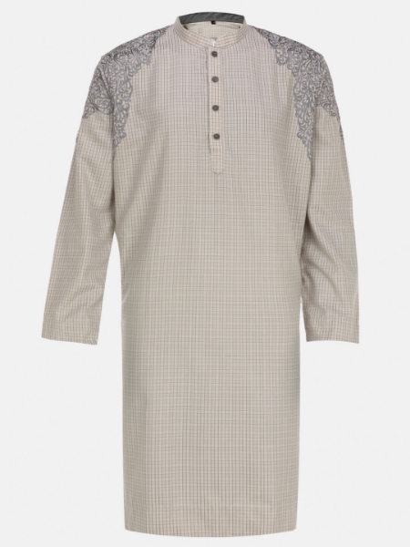 Picture of Ivory Check and Embroidered Cotton Panjabi