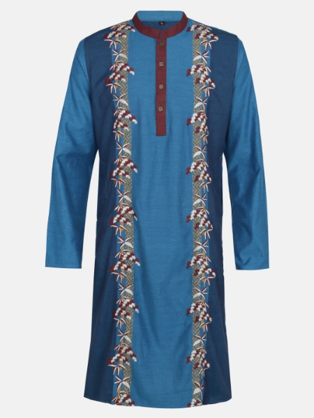 Picture of Blue Printed and Embroidered Cotton Slim Fit Panjabi
